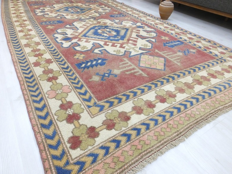 Red Faded Turkish Vintage Living Room Carpet, 5x8.7ft, Antique Handmade Rug, gallery