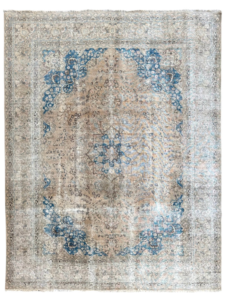 DISTRESSED VINTAGE TEBRIZ RUG HAND MADE PERSIAN WOOL CARPET BEIGE 12'7" x 9'5"