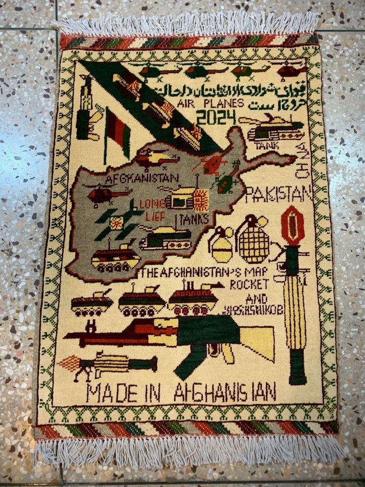 Authentic 1.6ft Afghan War Rug - Hand-Knotted Wool - 2024 Map & Military Folk Ar