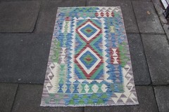 Kilim Vintage Traditional Hand Made Oriental Blue Grey Wool Small Kilim 120x80cm