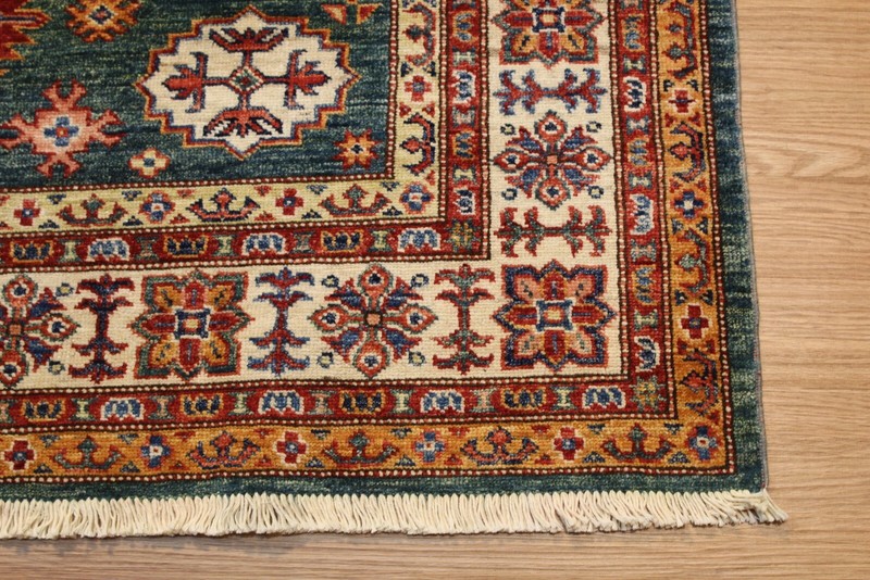 Caucasian Kazak Rug 5x7 ft. HANDMADE AUTHENTIC WOOL RUG Green Background Afghan gallery