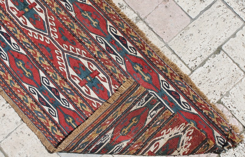 Caucasian Rug 14''x39'' +100 Age ANTIQUE Fragment Sumak Kilim 37x101cm gallery