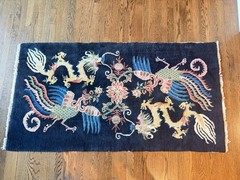 Beautiful Antique Hand Knotted Tibetan Wool Rug Dragon & Phoenix Design