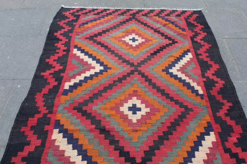 Vintage Traditional Hand Made Oriental Wool Red Green Kilim 330x124cm gallery