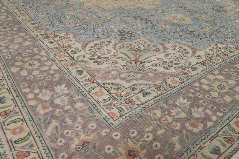 Hand-knotted Vintage Carpet Over-Dyed Light Blue Floral Tebriz Area Rug 10x12 gallery