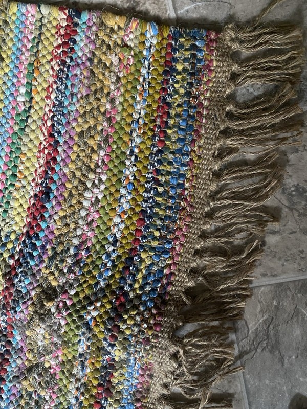 INDIA Rainbow Stripe CHINDI RAG RUG Jute Fringe Boho WORLD MARKET 2’ x 3’ gallery