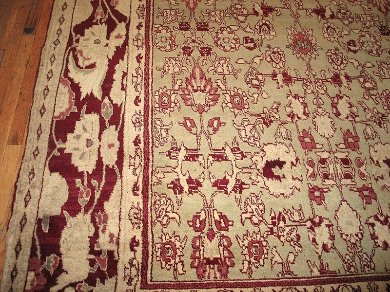 Antique Indian Agra Carpet 11'×29' Celadon & Burgundy, Geometric, Circa 1890 gallery