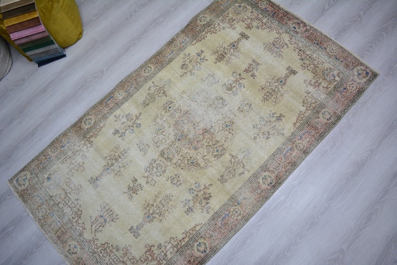 Turkish Vintage Rug, 3.7x6.5ft, Beige Handmade Rug, Antique Oriental Beige Rug, gallery