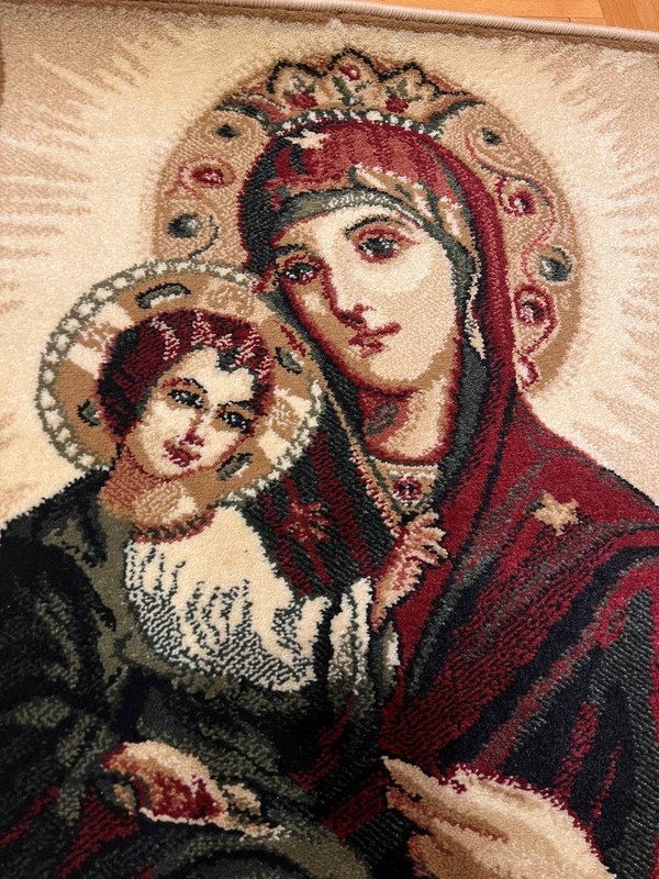 Vintage Woven Religious Tapestry Rug Mother of God with Infant Christ Thick Wall gallery