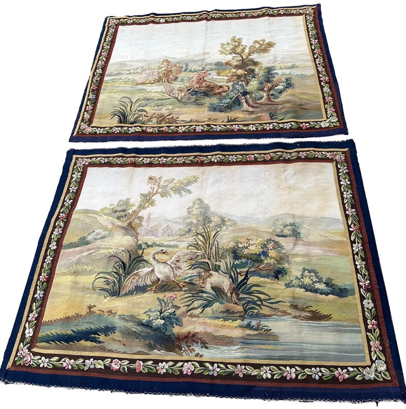 3x4 Pair Antique French Handmade Tapestries Wool & Silk Decorative Wall Panels gallery
