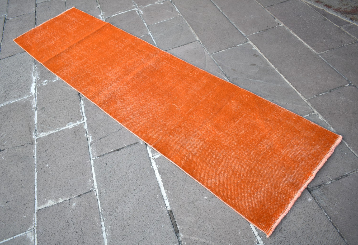Vintage Turkish Rug 26'' x 102'' Hand-knotted Over Dyed Runner Wool Orange Rug gallery