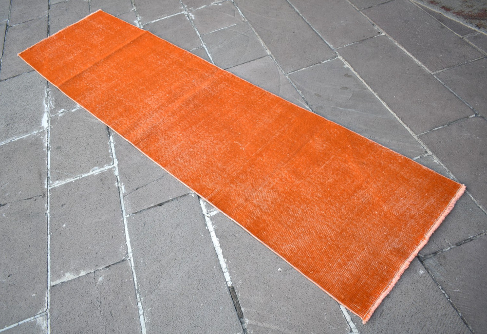 Vintage Turkish Rug 26'' x 102'' Hand-knotted Over Dyed Runner Wool Orange Rug