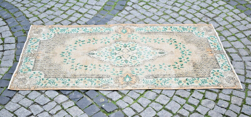 Vintage Turkish Rug 44'' x 81'' Muted Dye Rug Hand-Knotted Low Pile Oushak Rug gallery
