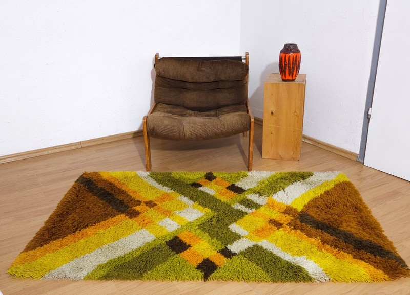 DESSO Allegro shag dralon wool Rug green orange yellow vintage 70s mid-century gallery