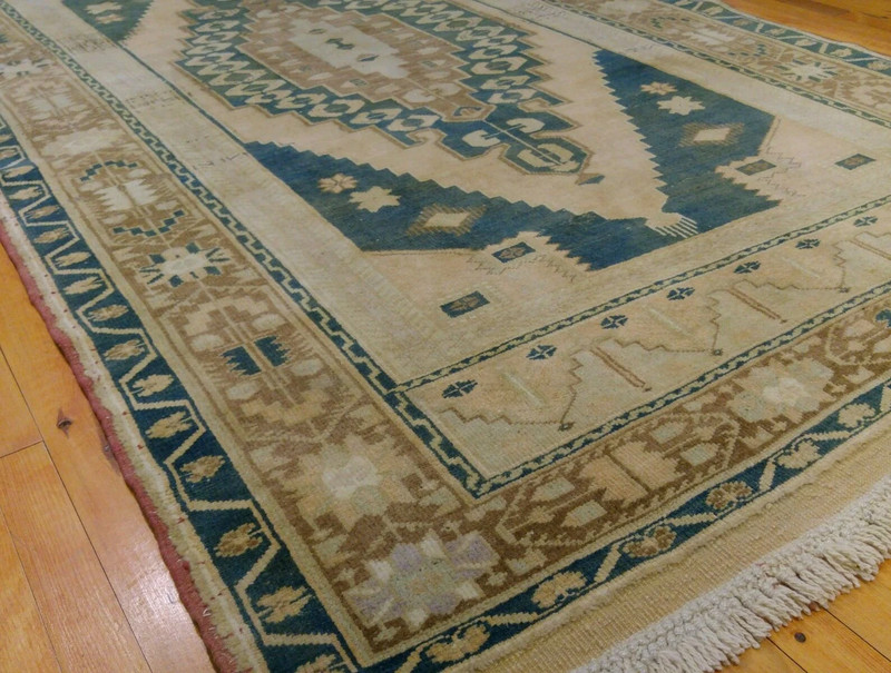 Beautiful Antique 1900-1939s Sage Green Colors Wool Pile Ushak Rug 4'6''x8'4'' gallery