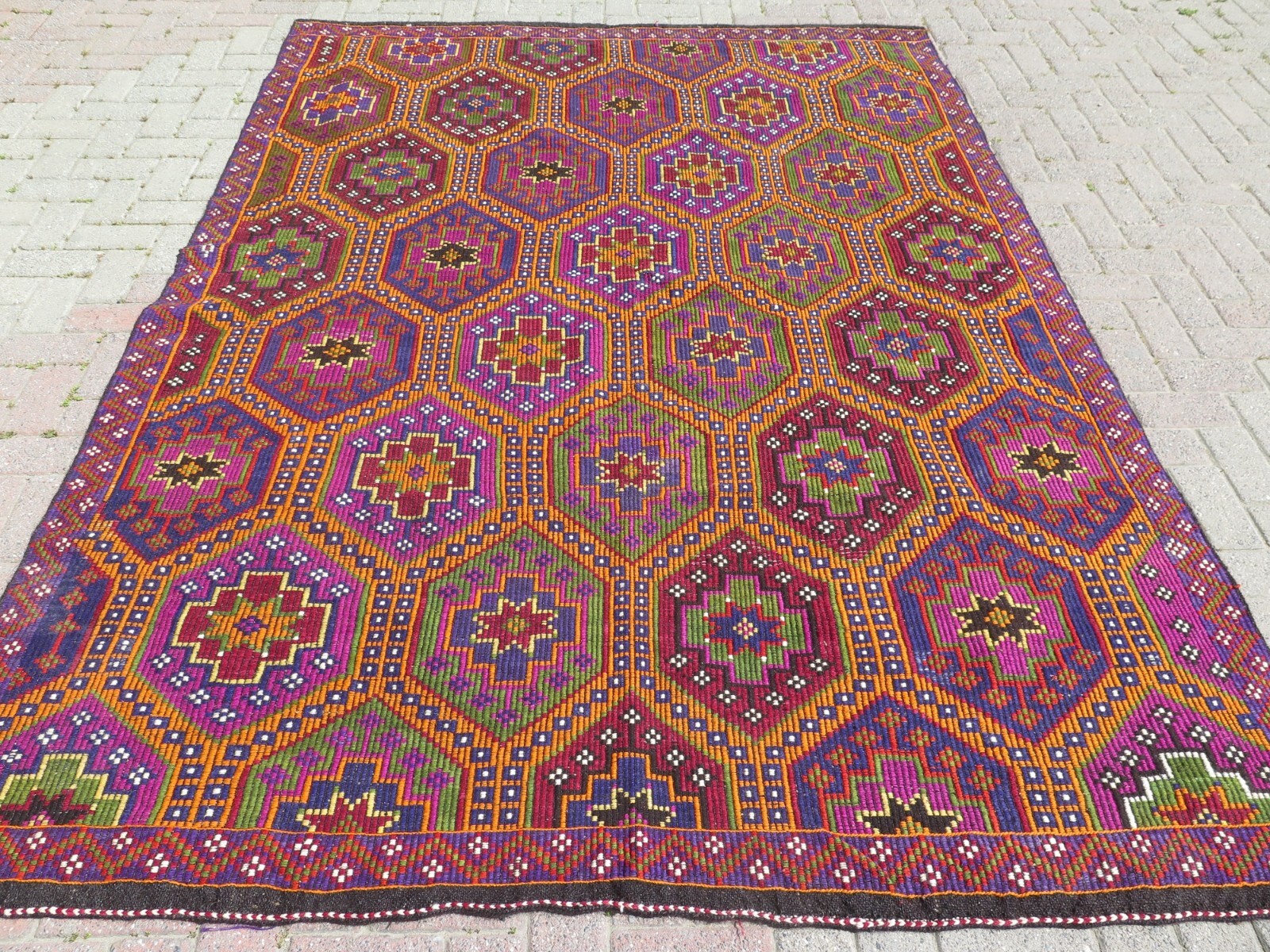 Boho Rug, Area Rugs, Turkish Kilim, Embroidery Rug, Handmade Wool Carpet77"x107" gallery