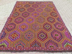 Boho Rug, Area Rugs, Turkish Kilim, Embroidery Rug, Handmade Wool Carpet77″x107″