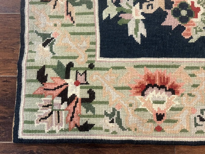 Vintage American Needlepoint Rug 4x6 Dark Green Wool Handmade Flatweave Carpet gallery