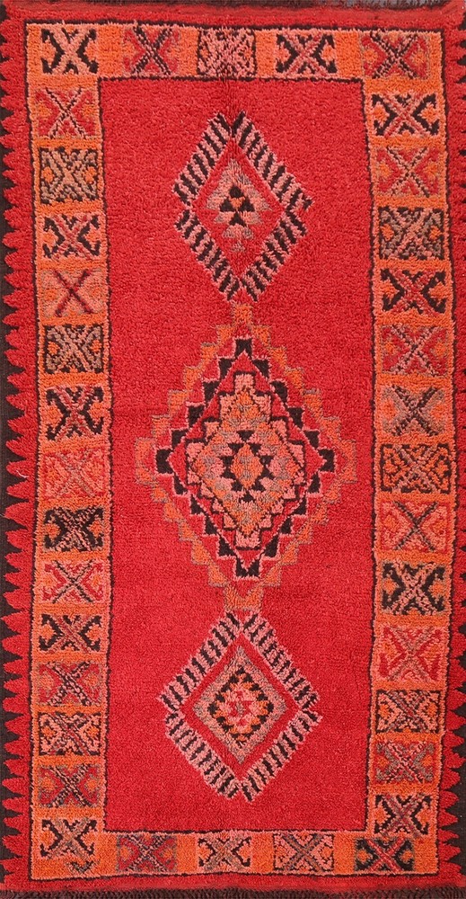 Semi-Antique Geometric Moroccan Oriental Area Rug Wool Hand-knotted Red 5x10 ft