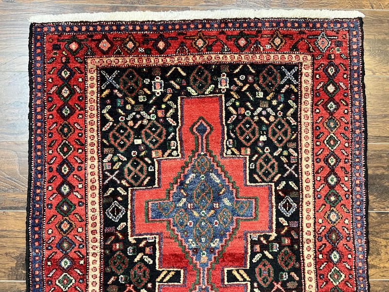 Kurdish Senneh Runner Rug 3x9 Red Navy Blue Medallions Wool Oriental Tribal Rug gallery