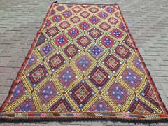 Yellow Stripes Geometric Vintage Turkish Rug, Handwoven Large Carpet 63″x113″