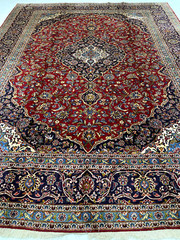 Antique Oriental Hand-Knotted Wool Area Rug Red/Navy Blue/Ivory 9’7″ x 12’9″