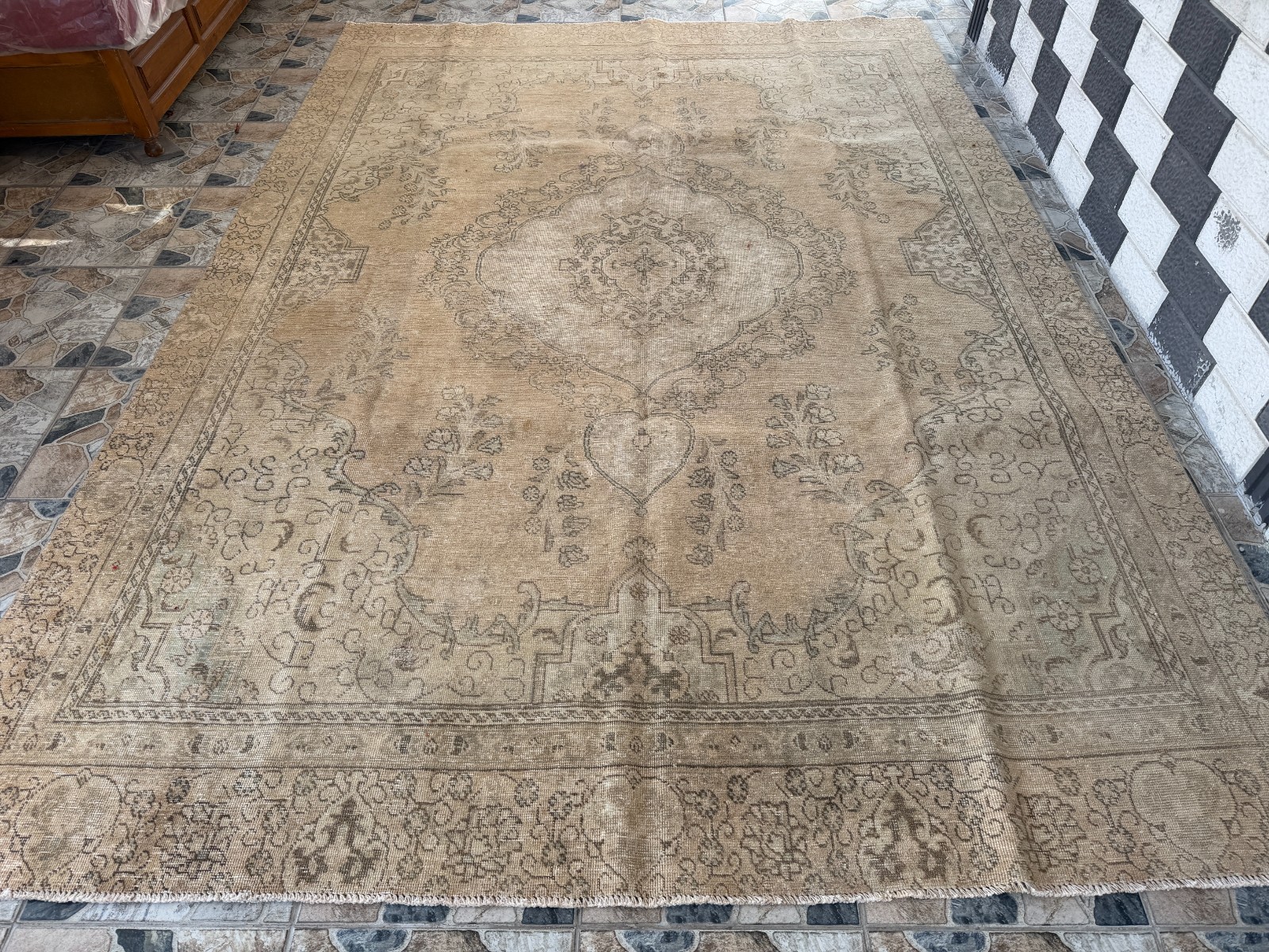 1970s Vintage Turkish Distressed Large Area Rug 8x11 ft Beige Hand-Knotted Wool gallery