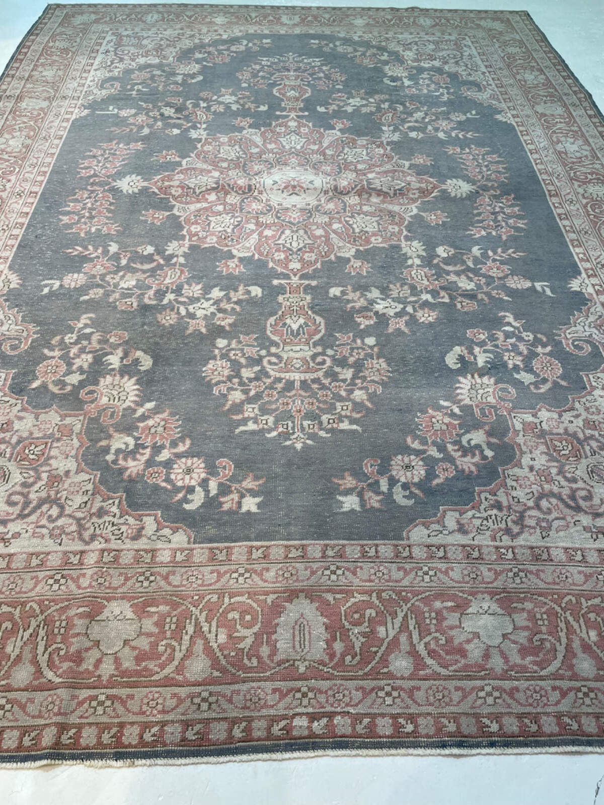 Antique Oriental Hand-Knotted Wool Area Rug Turkish Oushak Blue/Red 8'8" x 11'1" gallery