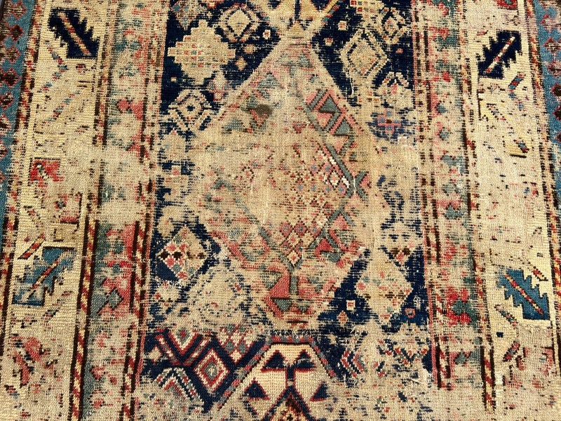 Cream Blue Distressed Low Pile Rug 3x8 ft Hand Knotted Turkish Runner Carpet gallery