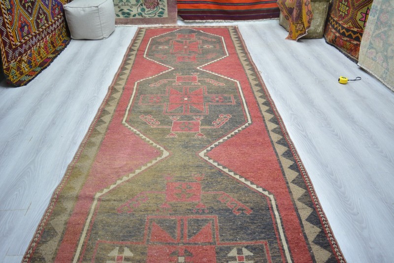 Antique Red Handmade Runner, 3.9x12.8ft, Red Bohemian Large Entryway Runner Rug, gallery