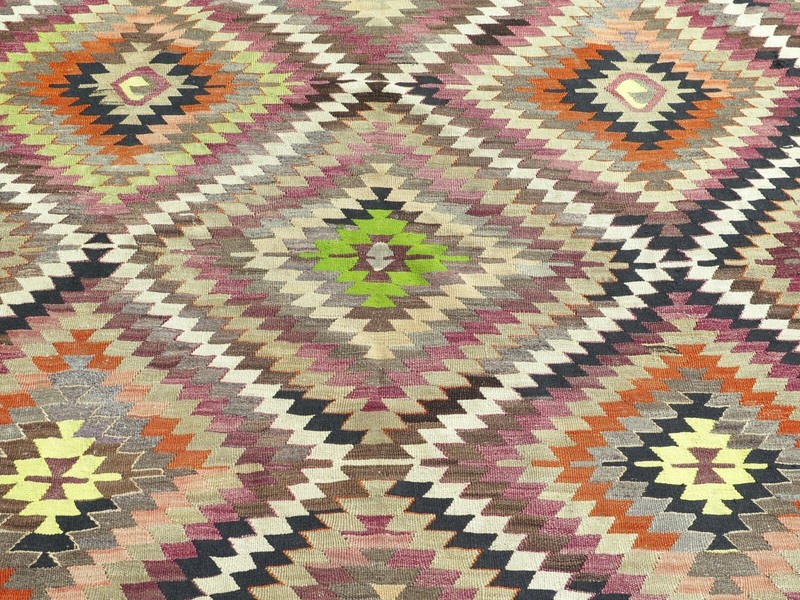 Vintage Turkish Kilim Handmade Wool Rug, Large Floor Carpet, Boho Kelim 75"X103" gallery