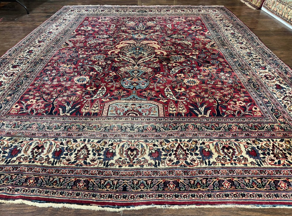 Antique Per'sian Rug 10x12 Red Ivory Traditional Carpet Allover Pattern