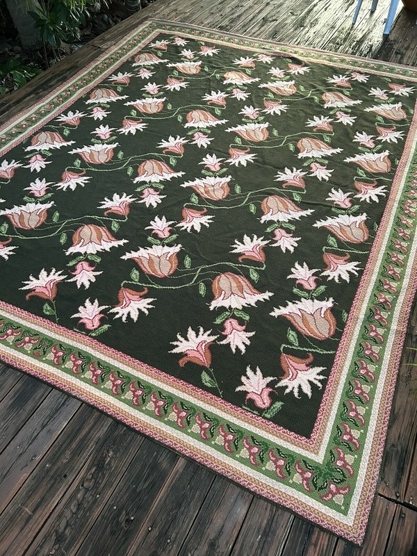 Vintage Portuguese Hand Woven Wool Floral Flat Weave Rug Carpet 11X9 Feet gallery