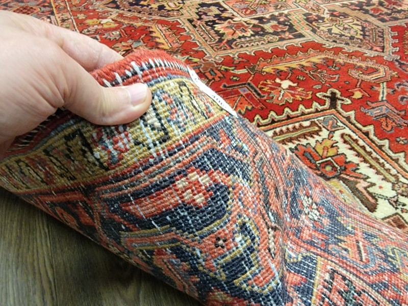 8z12ft ANTIQUE HAND KNOTTED VEGETABLE DYE HERIZE RUG CIRCA 1950S RED GEOMETRIC gallery