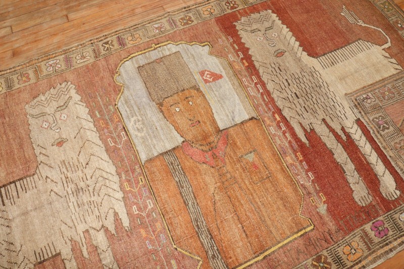 Vintage Kurdish Kars Pictorial Lion King Gallery Rug Size 5'2''x9' gallery
