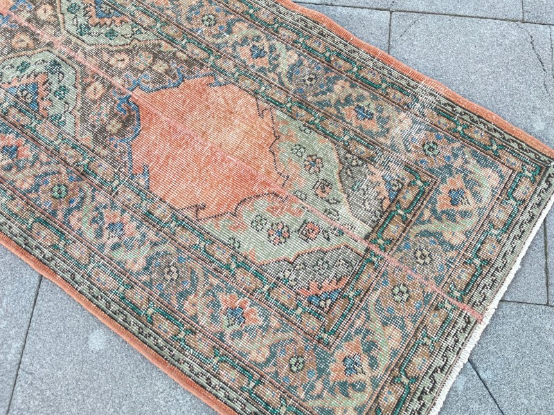 Vintage Turkish Oushak Runner Rug 2.4x13.6 Ft Hand-Knotted Muted Orange Gold gallery