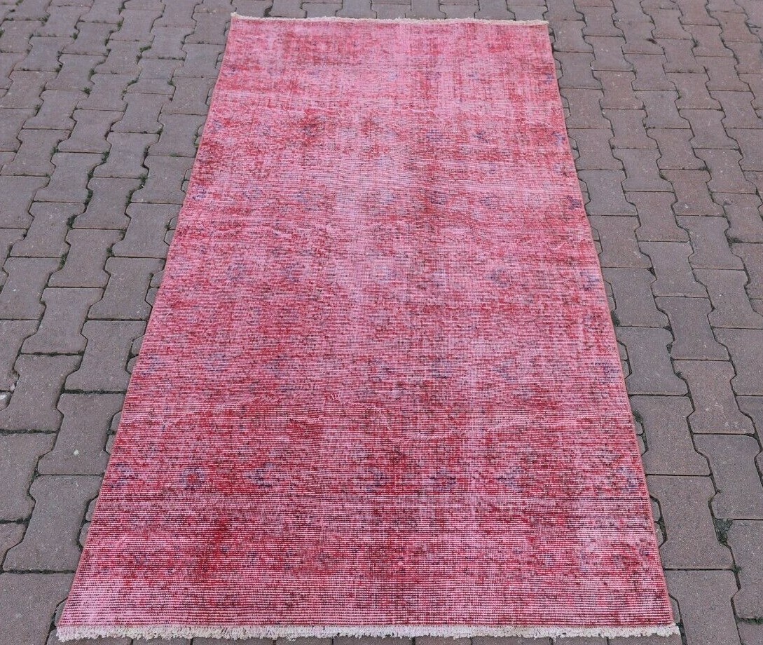Pink Overdyed Rug Anatolian Hand Knotted Oriental Oushak Vintage Carpet 4x7 ft gallery