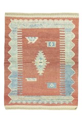 Small Area Rug 4×5 Vintage Turkish Kilim – Terracotta Powder Blue Handwoven Wool