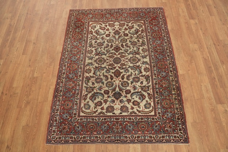 Fine Pre-1900 4x5 Antique Traditional Wool Floral Area Rug in Red & Ivory Tones gallery