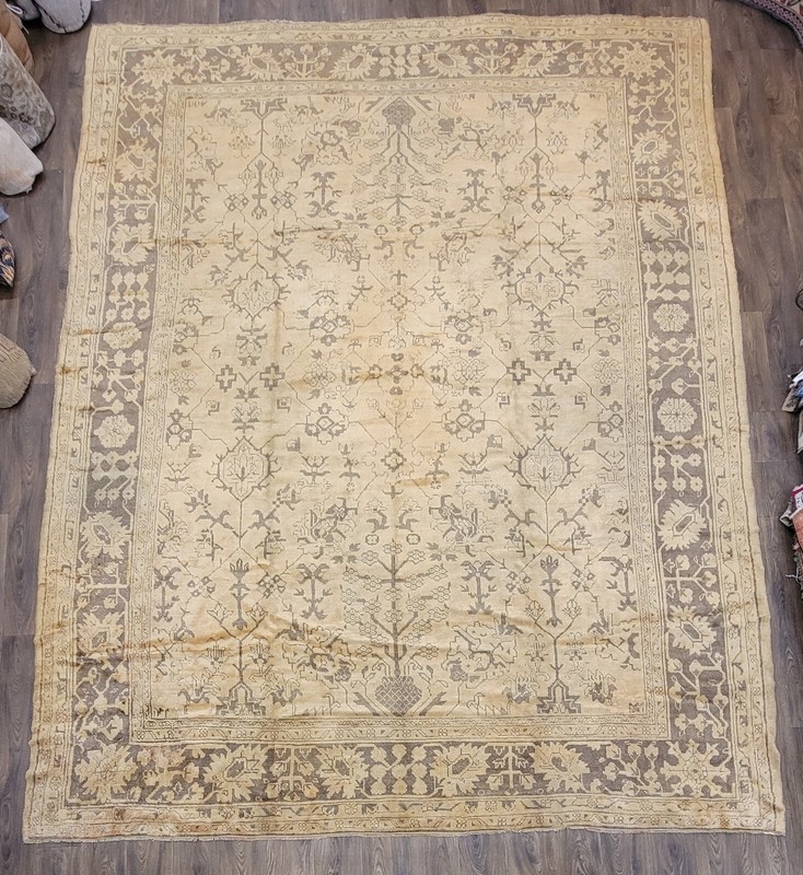 ANTIQUE handwoven Turkish Oushak 11'x14ft soft colors circa 1920s gallery