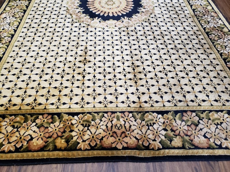 Indian Rug with Tibetan Weave 6x8 - 6x9 Rugs Indo Carpet Black and Cream Floral gallery