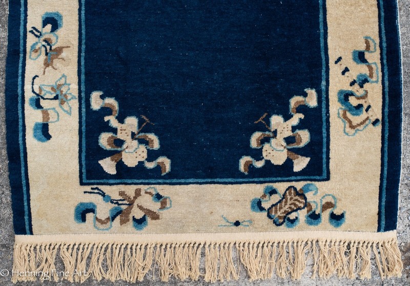 Beautiful Antique Oriental Rug Blue & Cream Design w/ sword, Measures 67 x 37 gallery