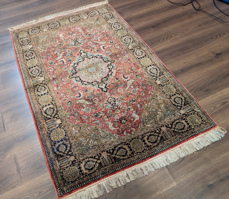 Silk Per'sian Q'um Rug 3.9 x 5.6, Animal Pictorials, Fine 380 KPSI gallery
