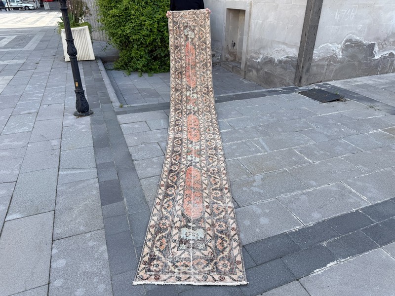 Vintage Turkish Oushak Runner Rug 1.9x12.8 Terracotta Black Hallway Runner Rug gallery