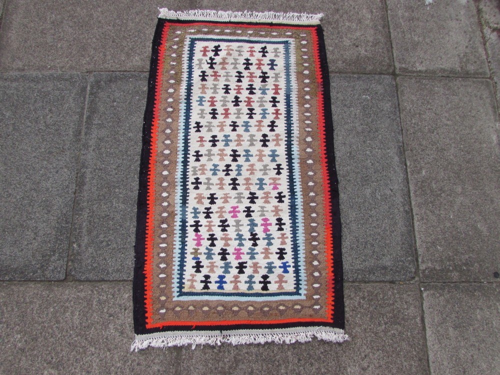 Vintage Traditional Hand Made Oriental Cotton White Small Kilim 91x53cm