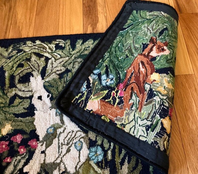 c1940s American Folk Art Pictorial Hooked Rug FOX & Hare in Ivy Patch 17”x 33” gallery