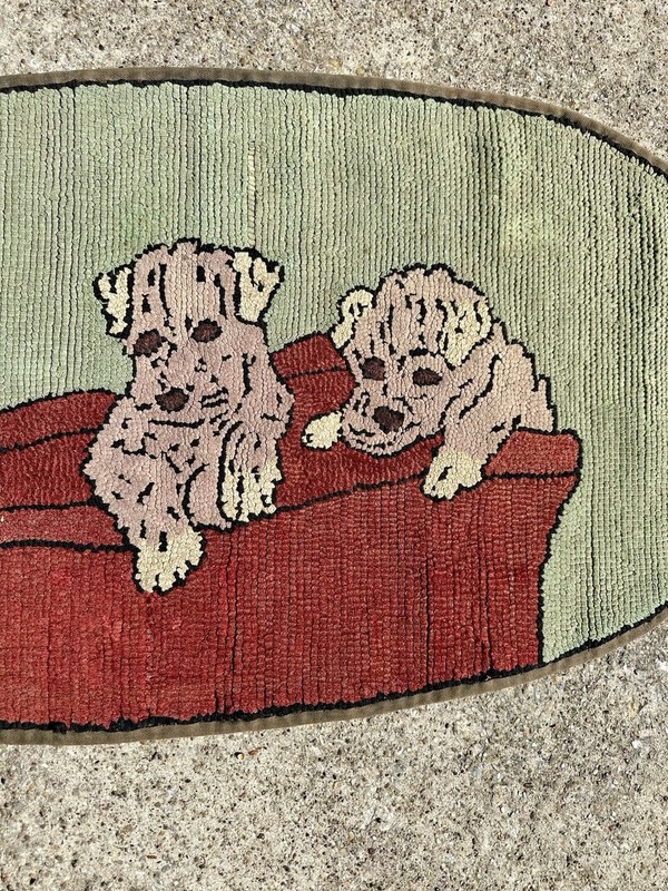 Antique Hand Hooked Dog Rug Folk Art Dogs Puppies Wool 19.5 x 37 Oval Primitive gallery