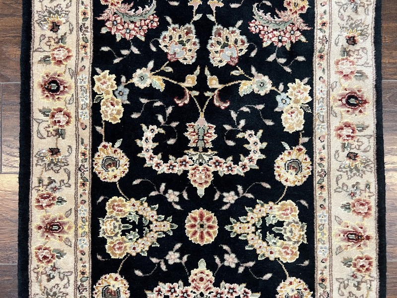 Short Runner Rug 2.7 x 6 Wool Silk Highlights Black Beige Handmade Floral gallery