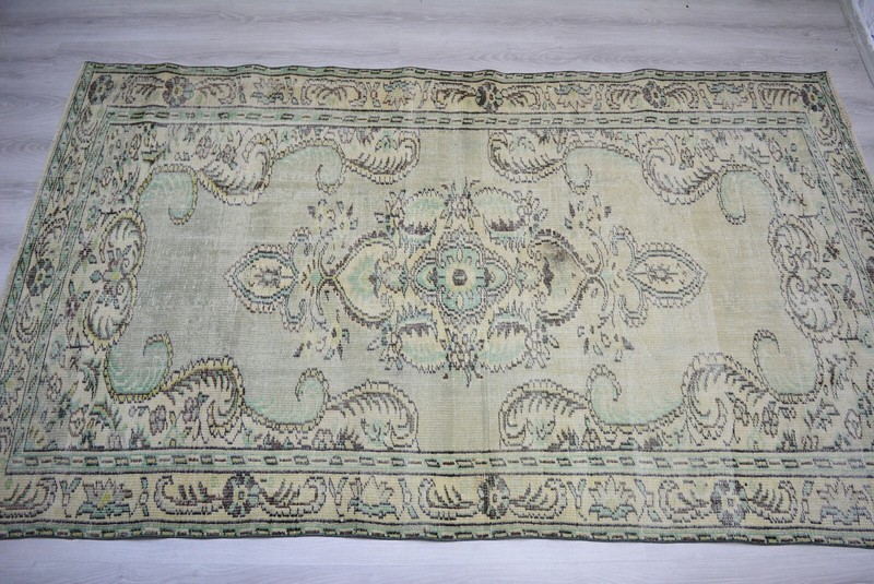 Antique Faded Beige Handmade Rug, 5x8.7ft, Turkish Vintage Medallion Area Rug gallery