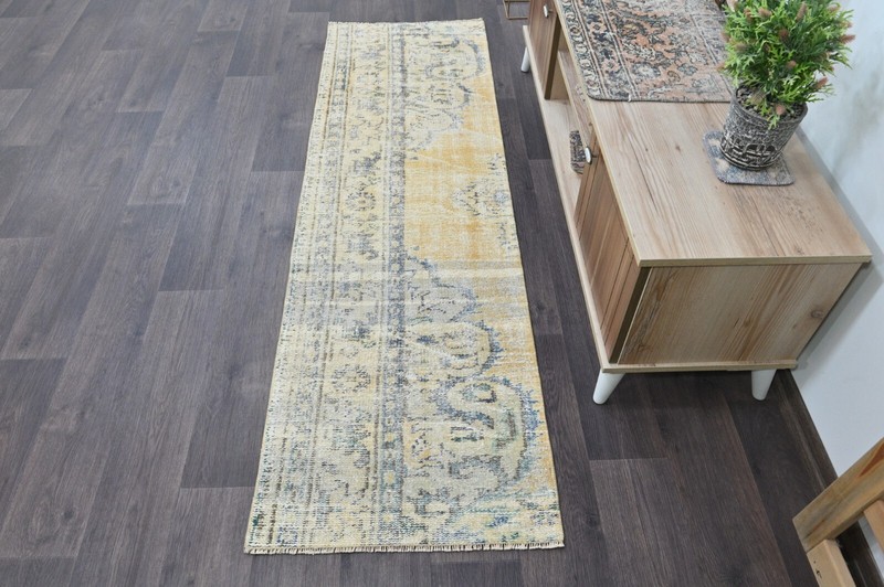 Vintage Turkish Runner Rug 2x7ft YELLOW Handmade Anatolian Oushak Hallway Wool gallery